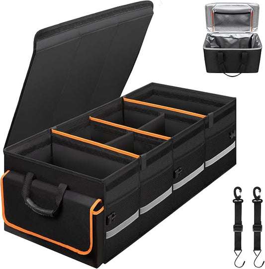 GDNasist Car Trunk Organizer and Storage with Lid & Removable Cooler Bag, Car Accessories 4 Removable Dividers for Custom Space, Collapsible Trunk Organizers Interior for SUV & Sedan, Extra Large