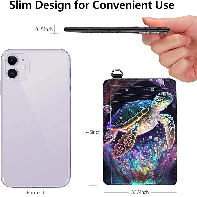 Slim RFID Blocking Card Holder Wallet with Wrist Strap - Minimalist Front Pocket Wallet, Sea turtle 02 Design, PU Leathe, for Men & Women, Ideal for Travel & Gifts