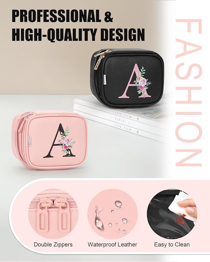 Relavel Mini Makeup Bag with Led Mirror, Initial Makeup Bag for Women, Personalized Make Up Pouch with Adjustable Brightness, Preppy Travel Toiletry Bag for Camping - Pink O