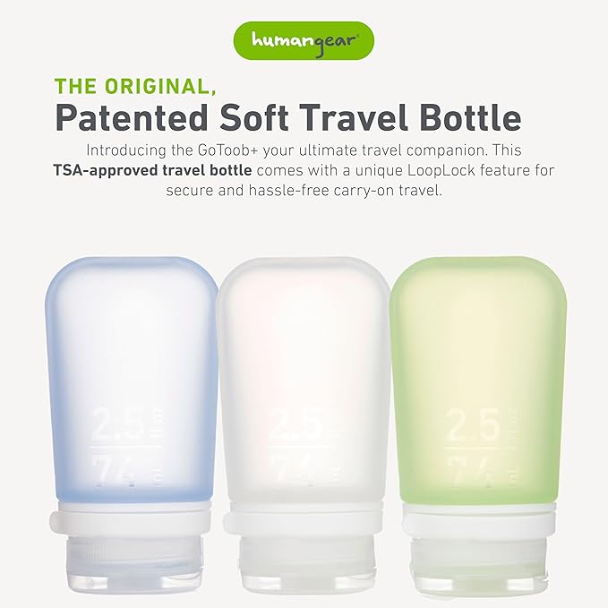 humangear GoToob+ Bottles - Silicone Leak-Proof Travel Tubes for Toiletries, Camping & TSA Carry-On (3-Pack), Medium (2.5 fl oz; 74ml), Clear/Green/Blue