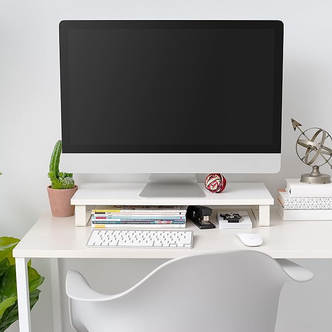 IRIS USA 1-Tier Multi-Purpose Modern PC Monitor Organizer Stand with Metal Legs, Ergonomic Desktop and Countertop Riser for Computer Laptop TV Kitchen Pantry and Closet Organization, White
