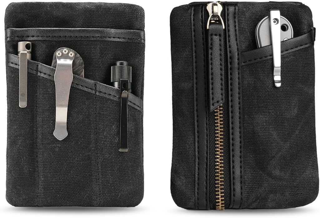 Sayram SP6 EDC Pouch, Waxed Canvas Compact Pocket Organizer, EDC Pocket Pouch for Men, Zippered Pocket Pouch, Mini EDC Organizer for Everyday Carry, Multitool Organizer Pouch (Oil Wax Black)