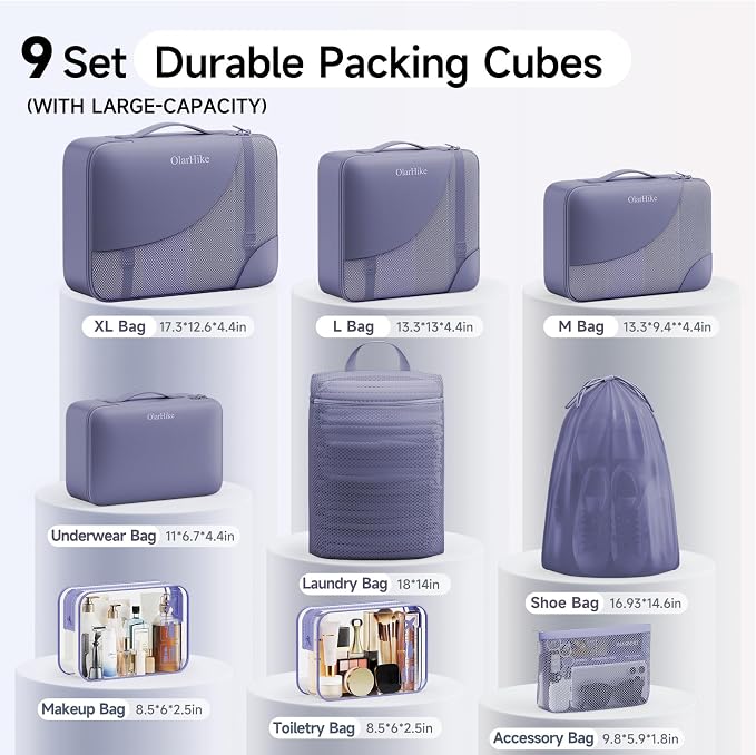 9 Set Packing Cubes for Travel, Gifts for Women Mom,Anti-Tearing Suitcase Organizer,OlarHike Vacation Essentials & Accessories for Cruise Ship
