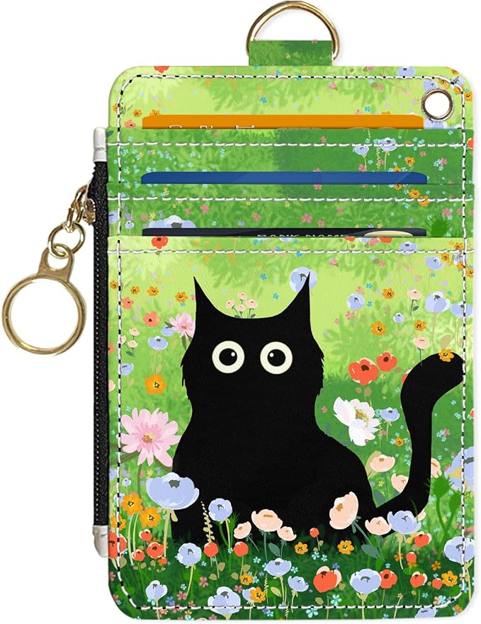 Slim Wallet Credit Card Holder, Cat on the Green Grass, RFID Wallet Women Cute Small Front Pocket Wallet With Zipper, PU Leather Thin travel RFID Blocking Card Case ID Window,Ladies Gifts