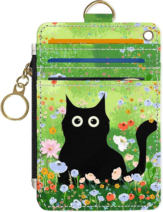 Slim Wallet Credit Card Holder, Cat on the Green Grass, RFID Wallet Women Cute Small Front Pocket Wallet With Zipper, PU Leather Thin travel RFID Blocking Card Case ID Window,Ladies Gifts