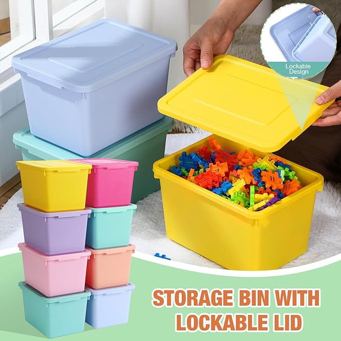Potchen 8 Pack Cute Plastic Storage Bins with Lids Decorative Stackable Storage Boxes 9.8" ×7.3" ×5.7" Small Storing Totes for Organizing Craft Office Supplies (Mixed Color)