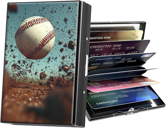 Metal Wallet,Credit Card Holder for Women Men,RFID Blocking Card Holder Mini Slim Aluminum Wallet ID Case Hard Case Business Card Holder Case,Baseball Blue Vintage