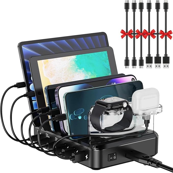 Charging Station for Multiple Devices, 110W 6 Port USB-C Fast Charger Station Dock for iPad iPhone Android Cell Phone Tablet, Family Multi-Device Organizer (6 Short Cables Included)