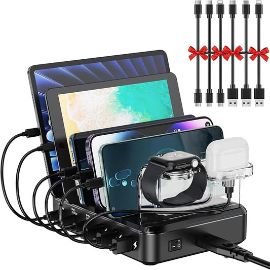Charging Station for Multiple Devices, 110W 6 Port USB-C Fast Charger Station Dock for iPad iPhone Android Cell Phone Tablet, Family Multi-Device Organizer (6 Short Cables Included)