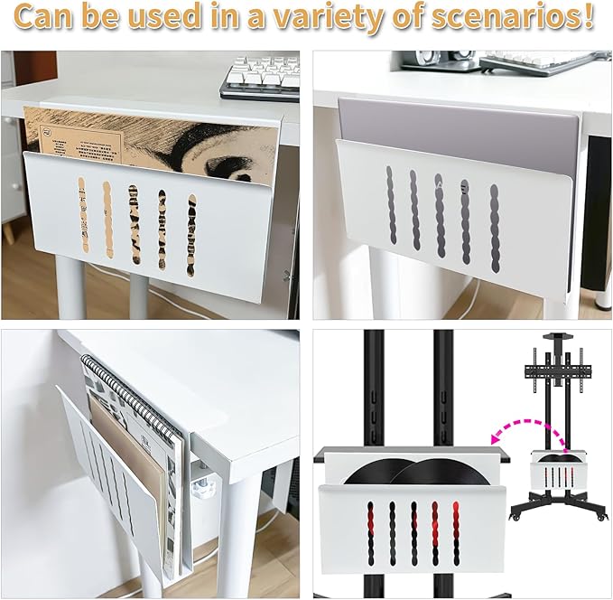 Desk Side Storage, Under Desk Storage, No Drill Steel Hanging Desk Organizer, Laptop Holder, Table Hanging Storages Holder for Office & Home (White)