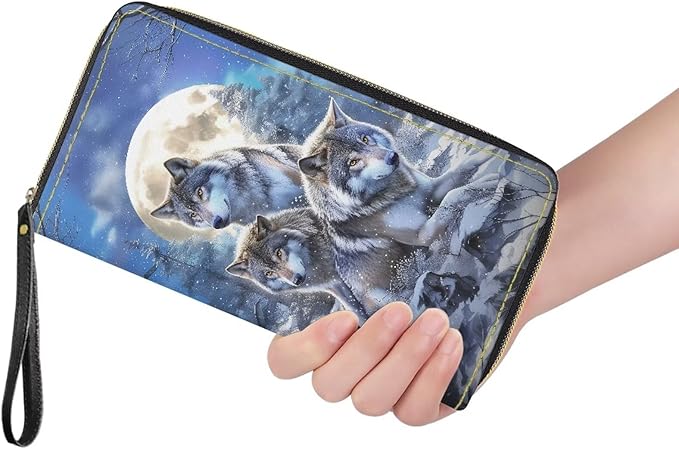 Bulopur Wolf Moon Wallet for Women Personalized Gifts for Mom PU Leather Credit Card Holder Money Long Wallet with Wristlet Large Capacity Zip-Around Phone Purse for Ladies Girly