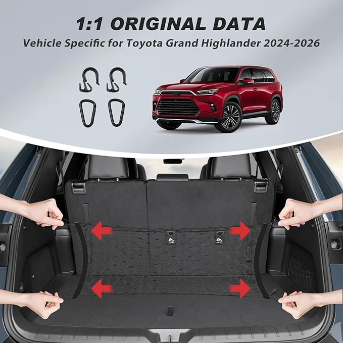 Karltys Cargo Net for Toyota Grand Highlander 2024-2026 Envelope Style | Elastic Mesh Net | Heavy Duty | Metal Hooks | Toyota Grand Highlander Trunk Net Accessories