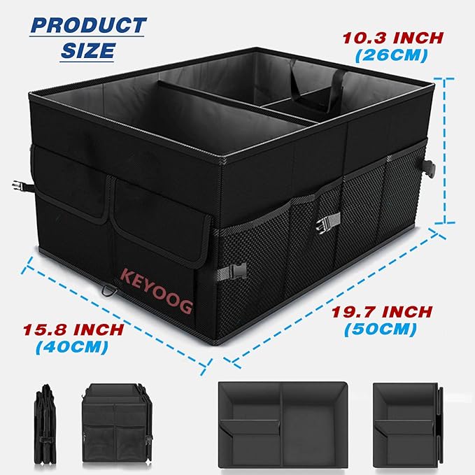 KEYOOG Sturdy Car Trunk Organizers and Storage, Waterproof Durable Collapsible Multi-Heavy Duty, Non-Slip Bottom & Adjustable Securing Straps - for Car, SUV, Truck, or Van (3 Compartments, Black)