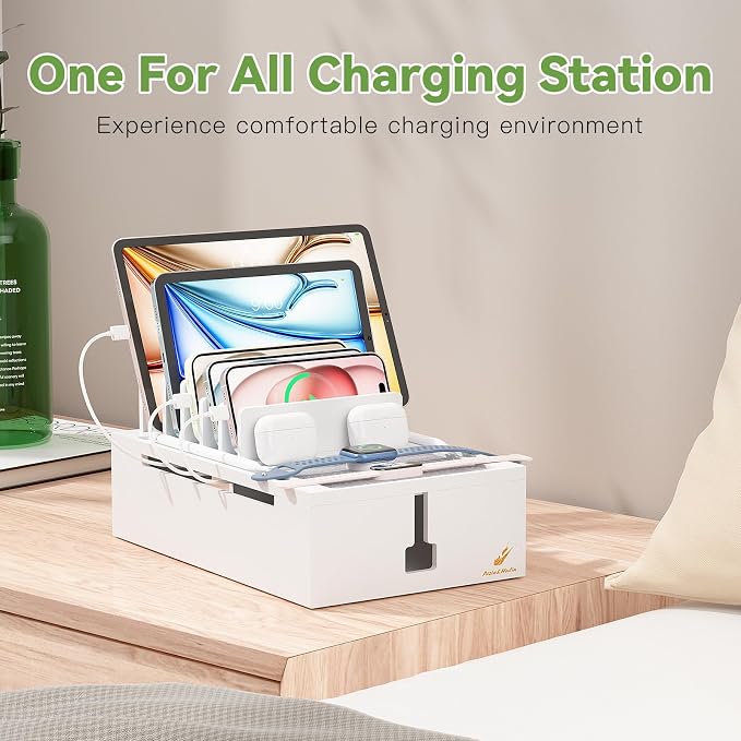 Pezin & Hulin Bamboo Charging Station for Multiple Devices, USB Charger Dock Organizer, with Power Supply (10 Ports HUB), 6 Cables, Cable Management Organizer for Cell Phones, Tablets -White