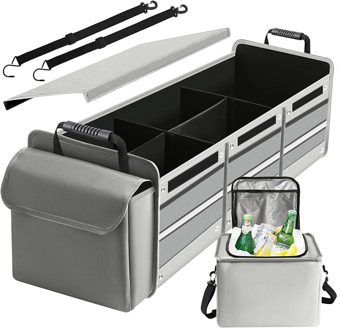 Snuopfy Car Trunk Organizer,115L Heavy Duty Collapsible Trunk Storage, with Insulated Leakproof Cooler Bag Vehicle Cargo Organizer with Lid, 3 Compartments, Straps For Car,Suv,Jeep,Sedan-Grey