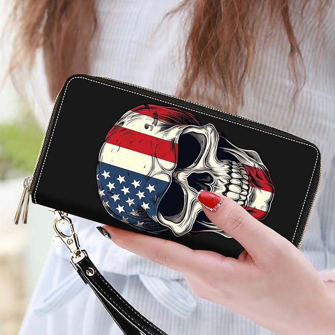 Women's Large Capacity Wallet PU Leather Double Zipper Clutch Purse Multifunctional Wallet with Removable Wristlet Strap for Smart Phone/Coin/Card/Cash - American Flag Skull