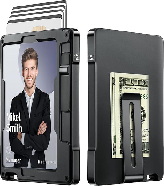 umoven Minimalist Wallet for Men, Slim Aluminum Metal Money Clip Card Holder, Pop-Up Card Case, RFID Blocking Mens Wallet with ID Window, Front Pocket Wallet for Men(Black)
