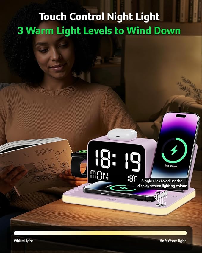 Acer 7-in-1 Wireless Charging Station with LED Clock - 30W Fast Wireless Charger for iPhone 16/15/14/13/12/Pro Max, Apple Watch, AirPods - Bluetooth Auto Time Sync & Night Lights (Purple)