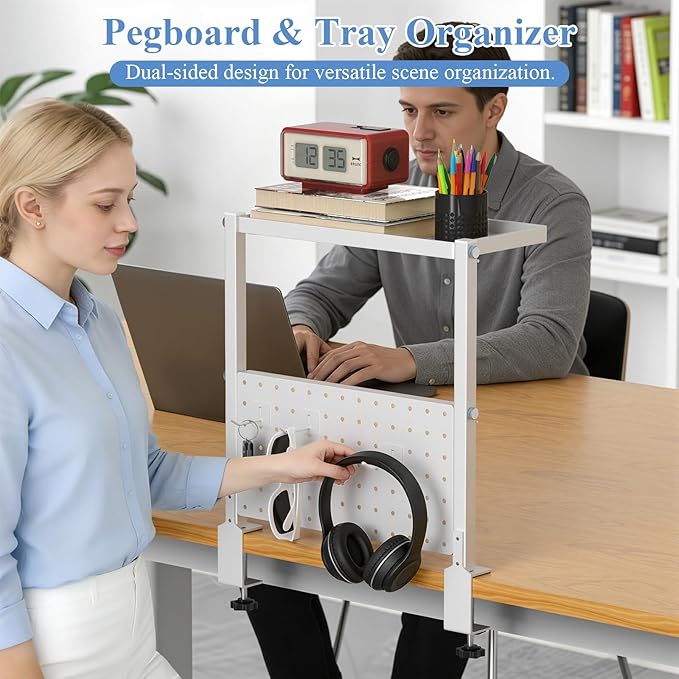 Jumyee Metal Clamp On Desk Shelf with 2-Tier Storage, 270° Flip Magnetic Clamp On Pegboard Organizer with 6 Hooks, Desktop Organizer White Desk Shelf for Home Office Gaming Accessories(White)