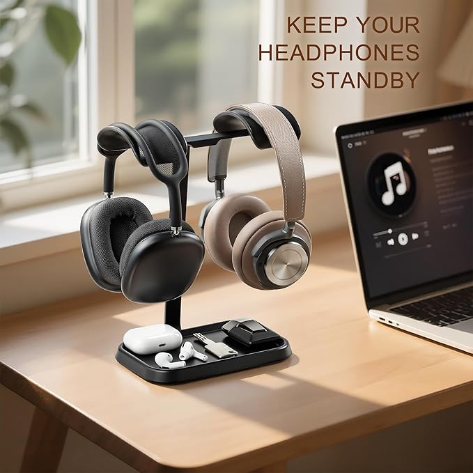 Dual Headphone Stand, Double Balanced Headset Stand with Storage Tray, Heavy Base Gaming Headset Holder for Desk (Black)