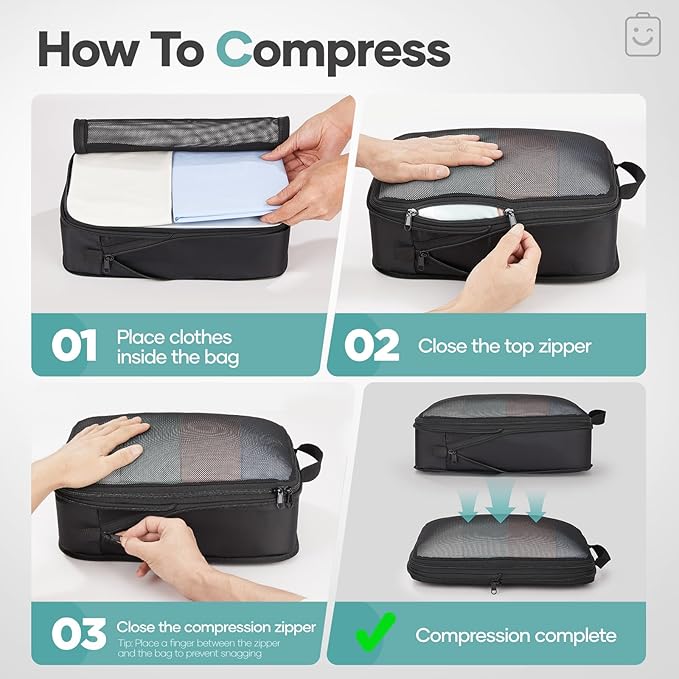 Veken 8 Set Compression Packing Cubes for Travel Essentials,Compressible Expandable Large Luggage Suitcase Organizer Bags for Clothing,Durable Space Saver Storage Bags with Makeup Bag(Black)