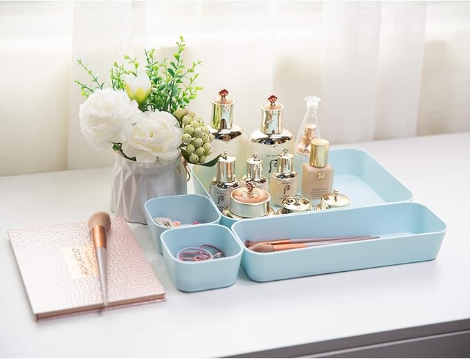 Backerysupply Set Of 12 Blue Color Plastic Desk Drawer Organizers For Makeup Bathroom Office Kitchen Vanity Drawer Storage Box Container