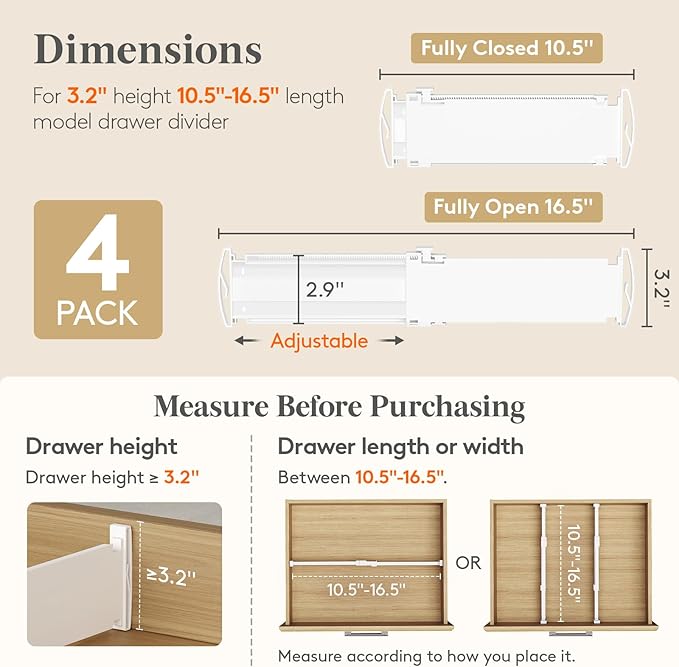 Lifewit Drawer Dividers for Clothes, 3.2" Tall 10.5"-16.5" Expandable Dresser Drawer Dividers, Adjustable Dresser Drawer Organizers, White Drawer Separators for Bedroom/Bathroom/Kitchen, 4 Pack