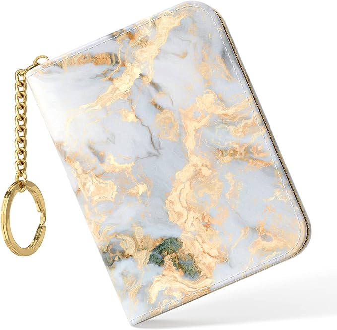 Nipichsha Women's Gray Gold Marble Leather Slim RFID Wallet, Compact Size, 12-Slot with Zipper and Keychain