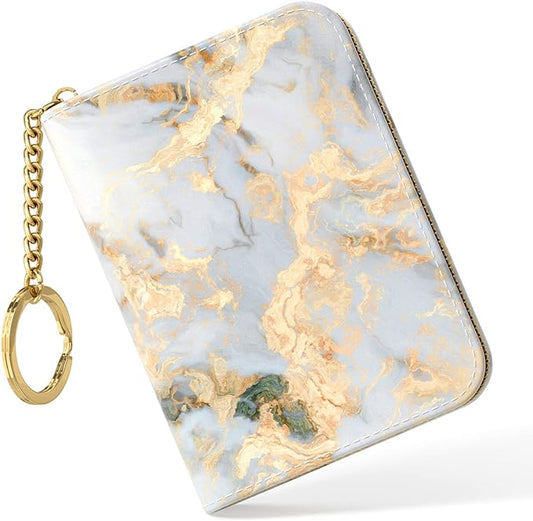 Nipichsha Women's Gray Gold Marble Leather Slim RFID Wallet, Compact Size, 12-Slot with Zipper and Keychain