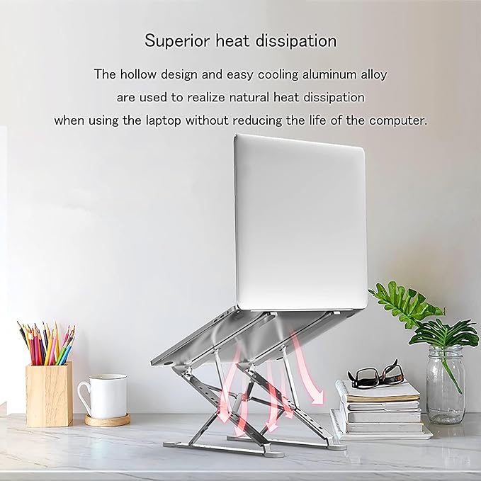Adjustable Laptop Stand, Portable Aluminum Holder for 10-17" Laptops & Tablets, Ergonomic Riser for Desk, Lightweight Foldable Design for Home Office & Travel, Silver