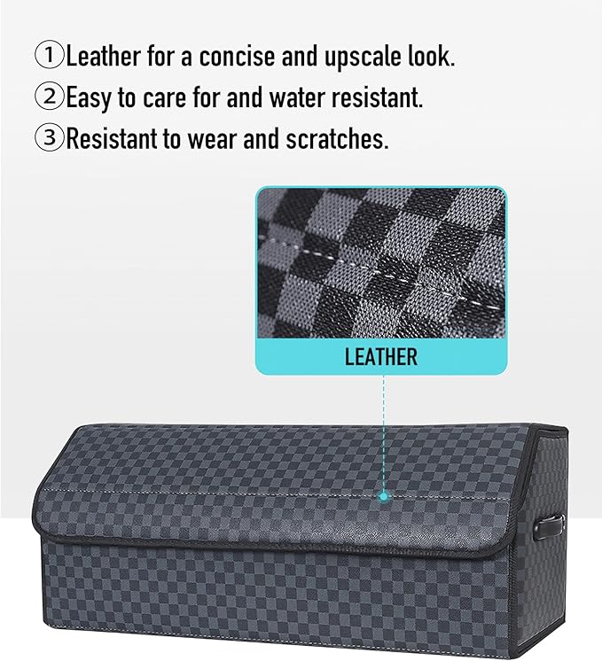 Fyzeoty Trunk Organizer for SUV - Leather Storage Box, Extra Large, Magnetic Lid, Collapsible and Adjustable Car Organizer