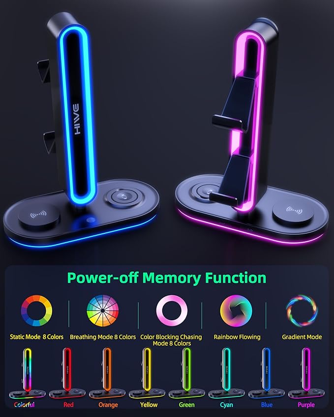 HiWe Universal RGB Gaming Headphone Stand with 2 Controller Holder, Wireless Charger for iPhone/iWatch, Solid ABS, Non-Slip Base, with USB-A & USB-C Outputs, Adatper Included, Black