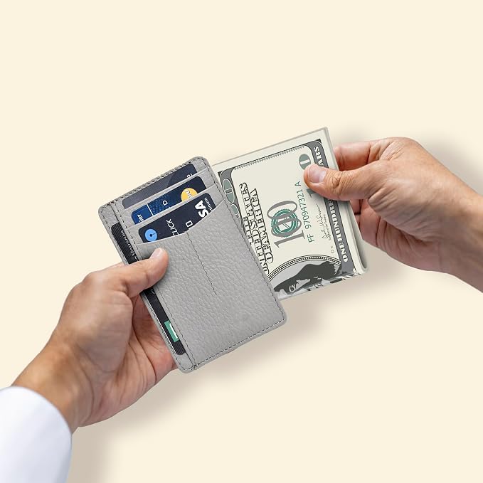 Oak Leathers Leather Slim Minimalist Wallet for Men & Women RFID Front Pocket Leather Card Holder Wallets (Grey)