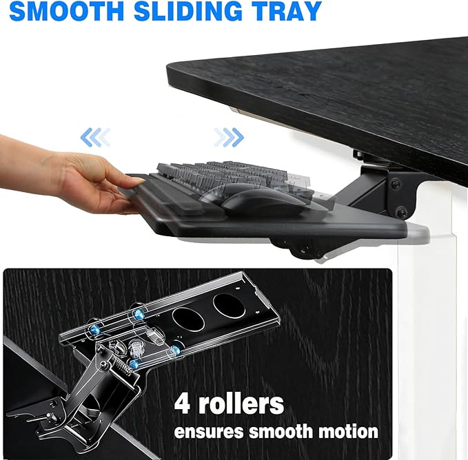 Keyboard Tray Under Desk,Adjustable for Height and Tilt, Adjustable Computer Keyboard & Mouse Platform Tray,25"W x 9.8"D Surface, Ideal for Home and Office Use