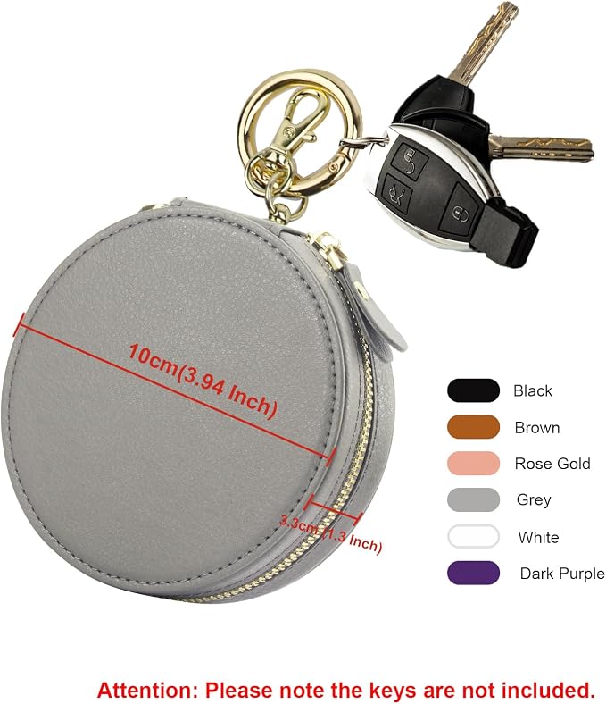 Bocasal Coin Pouch Mini Lipstick Cosmetic Bag with Airtag Holder Mirror, Leather Zipper Travel Makeup Bag Organizer Keychain Ring Clasp for Keys Earbuds Earphone Lip Gloss Chapstick Women Girls (Grey)
