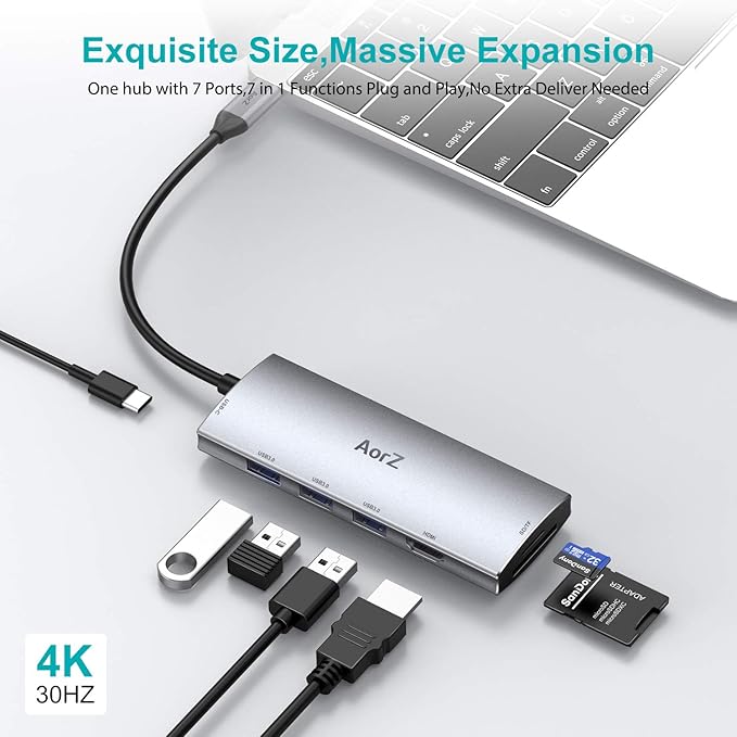 USB C Hub, USB Hub to HDMI Multiport AorZ USB C Dongle Adapter 7 in 1 with 4K HDMI Output,3 USB 3.0 Ports,SD/Micro SD Card Reader,100W PD,Compatible with MacBook Pro Air HP XPS and More Type C Devices