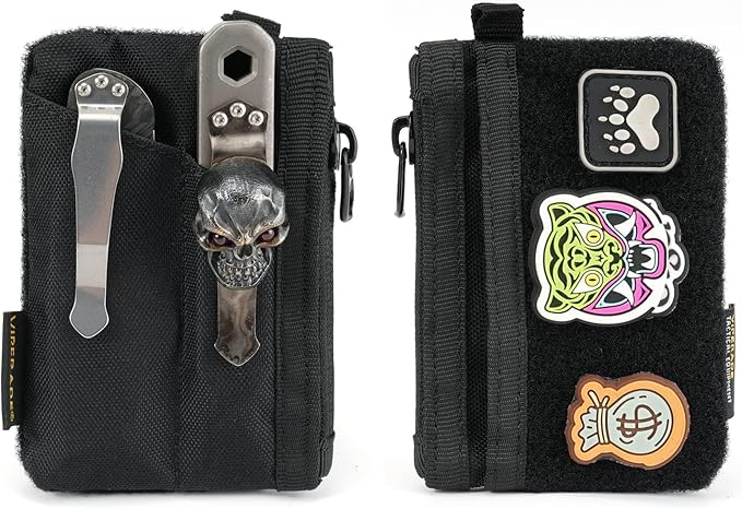 VIPERADE VE17 Small EDC Pouch, EDC Pocket Organizer with DIY Patch Area, Mini EDC Pouch with Zipper Pocket, Small Card Pocket, 2 Slots Pocket for EDC Black