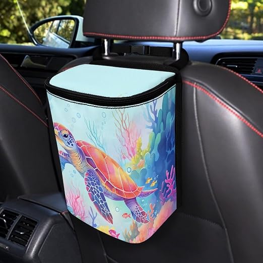 Biyejit Colorful Turtle Car Trash Can - Leakproof Garbage Bin Trash Bags with Adjustable Strap - Car & Truck Accessories for Men and Women