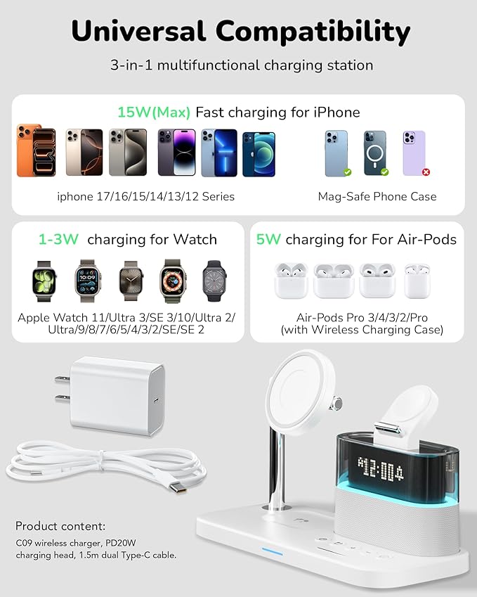 5 in 1 Wireless Charging Station for Apple,Magnetic Charger with Alarm Clock Night Light for Multiple Devices,Nightstand Charging Station Compatible with iPhone 17/16/15/14/13/12,Apple Watch,Air-Pods