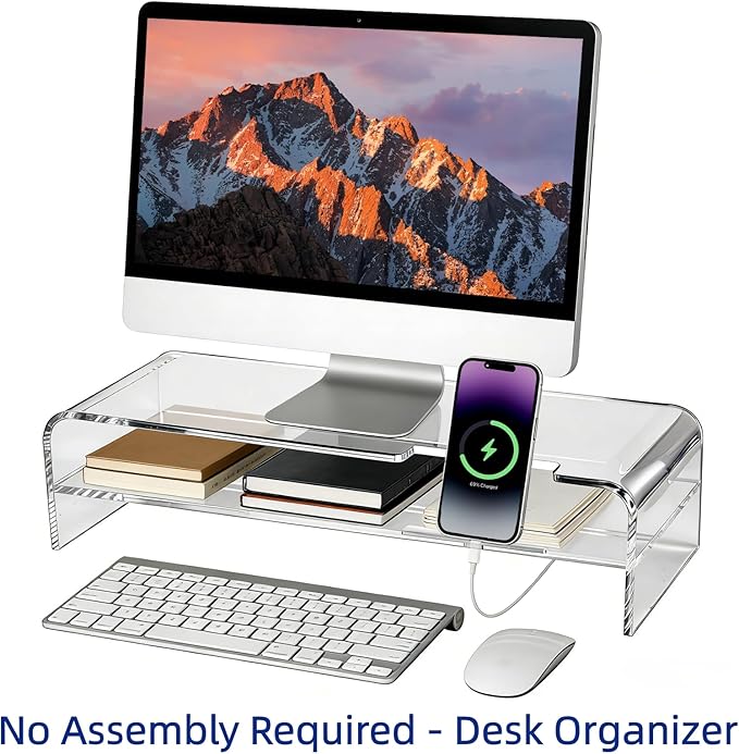 Larger Acrylic Monitor Stand - 20 inch 2 Tier Riser for iMac, PC, Desktop, Laptop, TV with Storage Shelf, Home Office Desk Organizer (20in with phone holder)