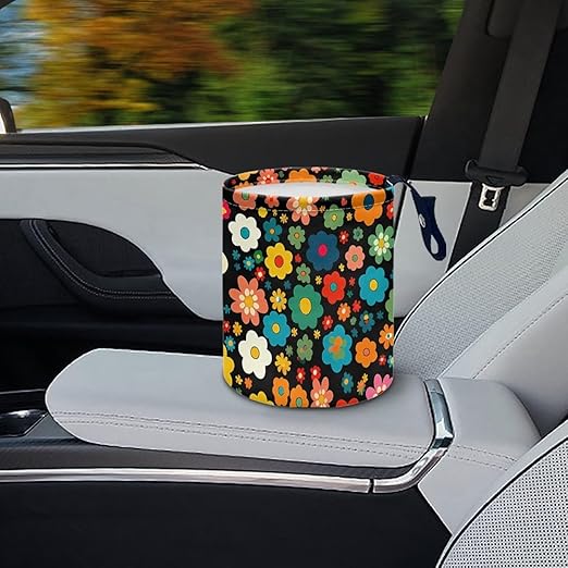 Black Cat Florals Car Trash Can Collapsible Auto Trash Bin Multipurpose Rubbish Holder Christmas Decoration for Front Seat, Back Seat, Floor, Headrest