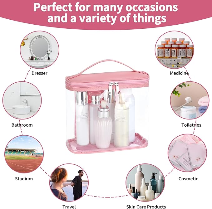 Heavy Duty Leak Proof Clear Travel Bags for Toiletries, Transparent Makeup Cosmetic Bag with Zipper and Handle (Large, 1PCS Pink)