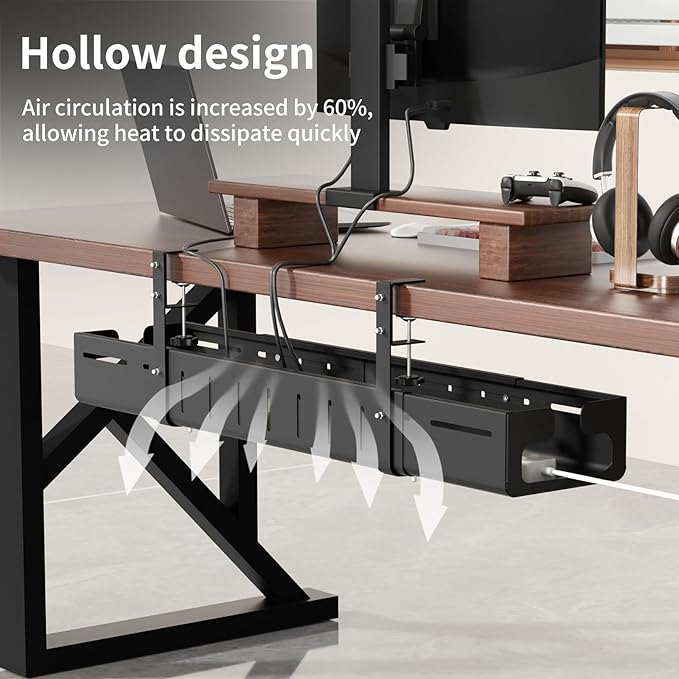 Under Desk Cable Management Tray, Expandable 25.6"–42.5" Heavy Duty Carbon Steel with Clamp, Hidden Cord Organizer for Desk, Home Office & Standing Desk, No Drill Installation, Black
