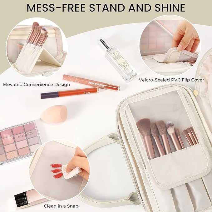 Travel Makeup Bag for Women Fashion Large Capacity Pouch Open Flat Cosmetic Portable Organizer Waterproof Large Opening Storage Toiletry Bags Vertical Free-Standing Brush Holder for Easy Access Beige