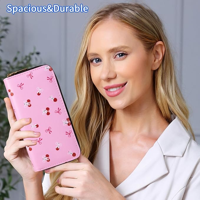 Cherry Wallets for Women Large Capacity 2 Zipper Fruit Ladies Purse Bow Credit Card Holder Pink