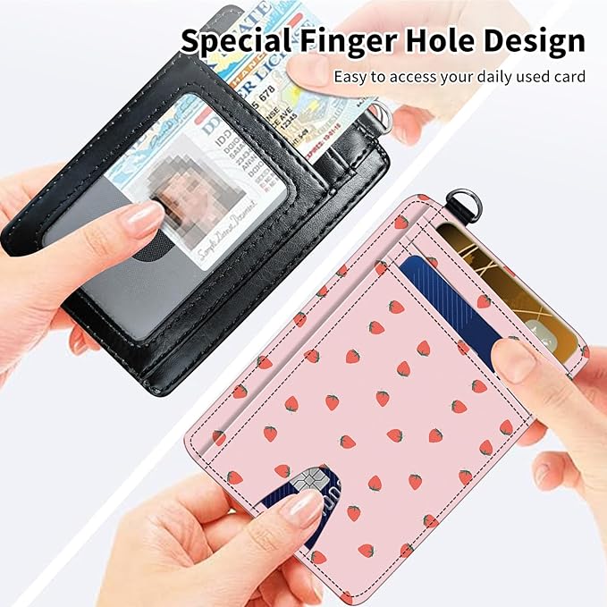 Slim Minimalist Front Pocket Wallet,Credit Card Holder Wallet for Women Men,RFID Blocking Credit Card Holder Case Leather Cute Small Thin Wallet ID Window&Wrist Strap,Cute Pink Strawberry