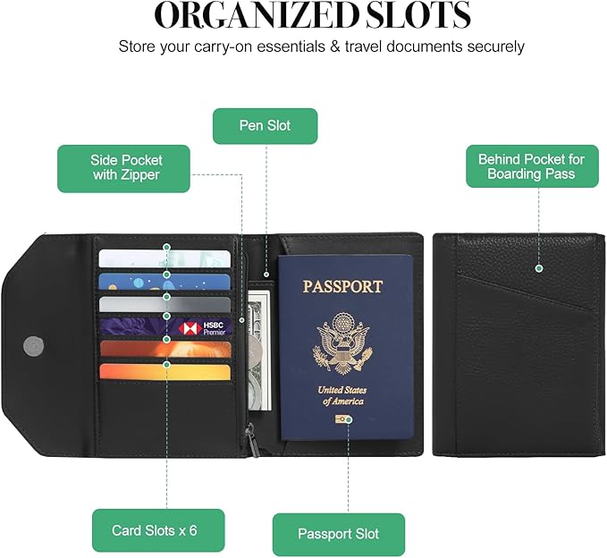 WHHMK Leather Passport Holder for Travel,Rfid Passport Holder Protect Your Card Security,Passport Book Holder for Men Women,Travel Wallet with Cards & Pen Slot,Boarding Pass,Zipper Cash Pocket(Black)