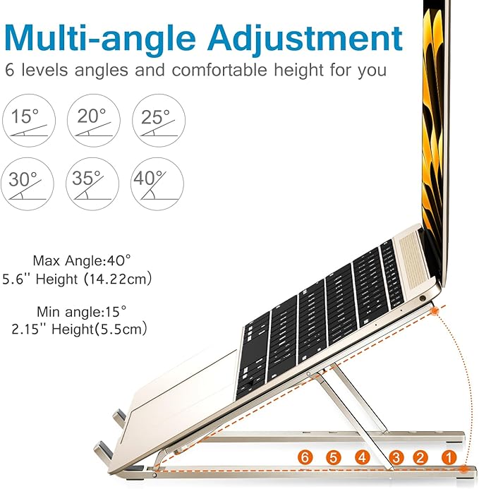 ivoler Laptop Stand, Laptop Holder Riser Computer Tablet Stand, 6 Angles Adjustable Aluminum Ergonomic Foldable Portable Desktop Holder Compatible with MacBook,iPad, HP, Dell10-15.6??Starlight