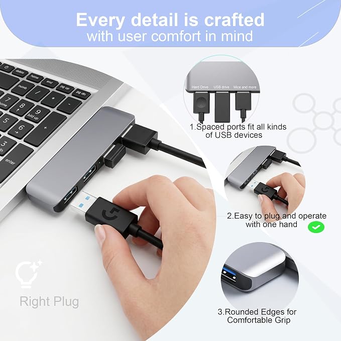 Portable 4-Port USB 3.0 Hub with Direct Plug-in USB Male Connector Design | Space-Saving USB Hub Compatible with Laptops and Desktops, Works with Windows, macOS, Linux and Chrome OS