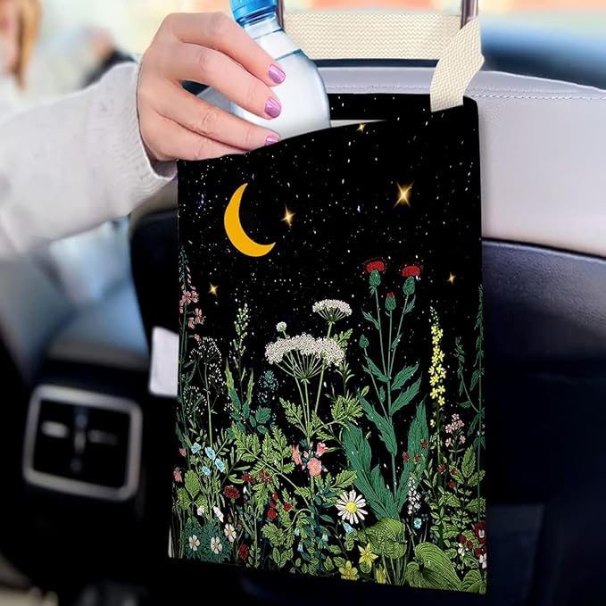 IRADA Car Trash Bag Hanging No Snap Small Garbage Bag for Car Back Seat Cute Printed One-Handed Strap Trash Bags Car Accessories-Wildflowers-Black Car Trash Bags